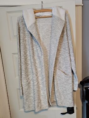 LOFT Light Gray Open-Front Hooded Cardigan with Plush White Trim